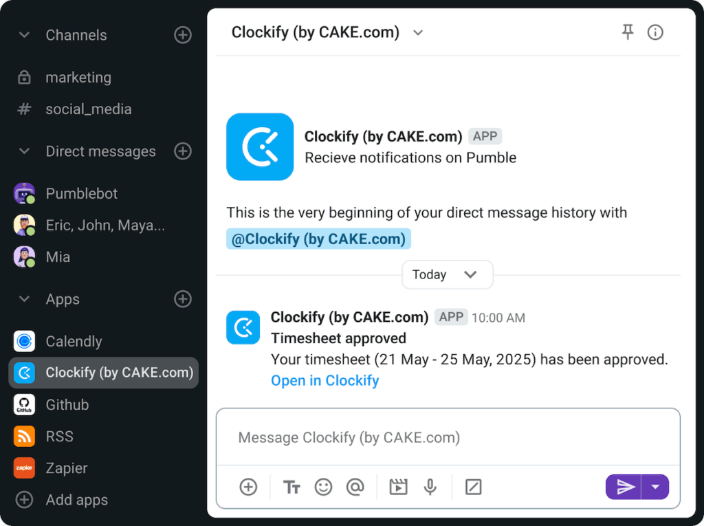 Receiving Clockify notifications in Pumble