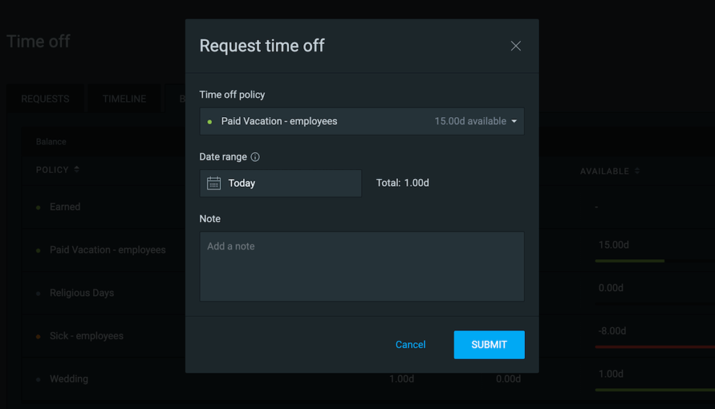 Requesting PTO in Clockify time management app