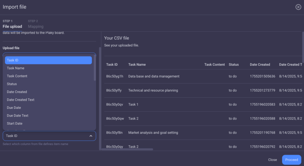Selecting which column from the CSV file defines the item name in Plaky