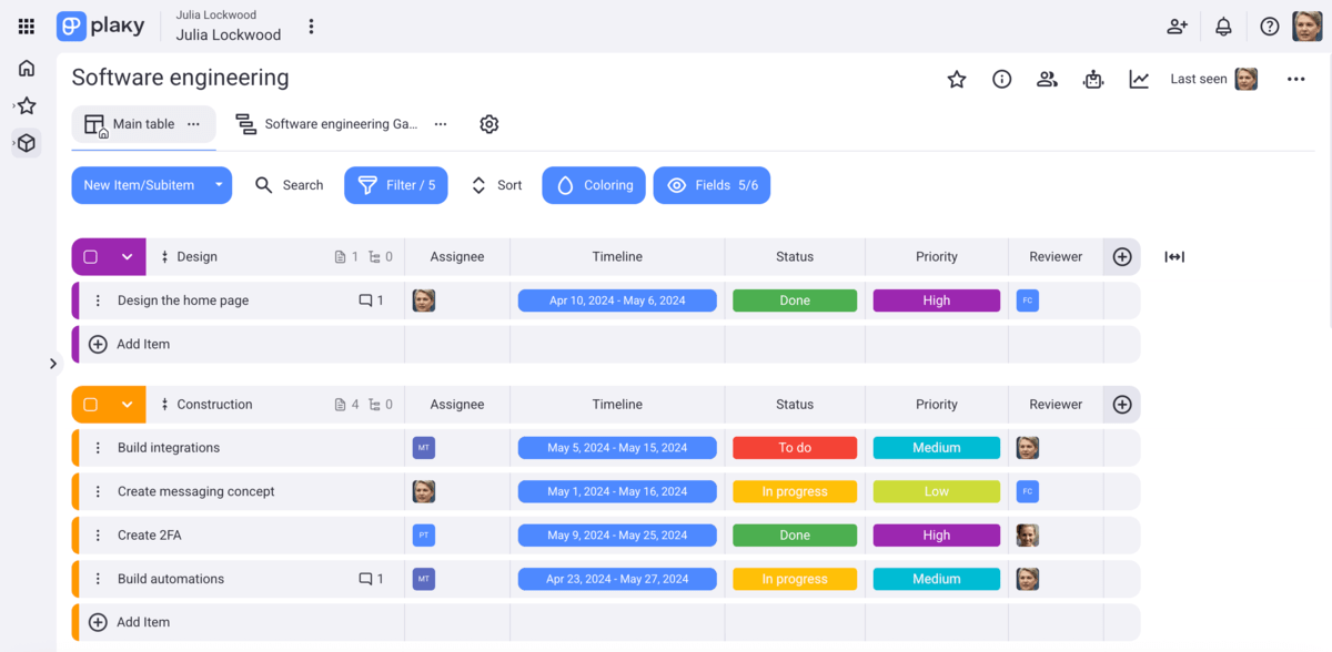 Software engineering template in Plaky project management software