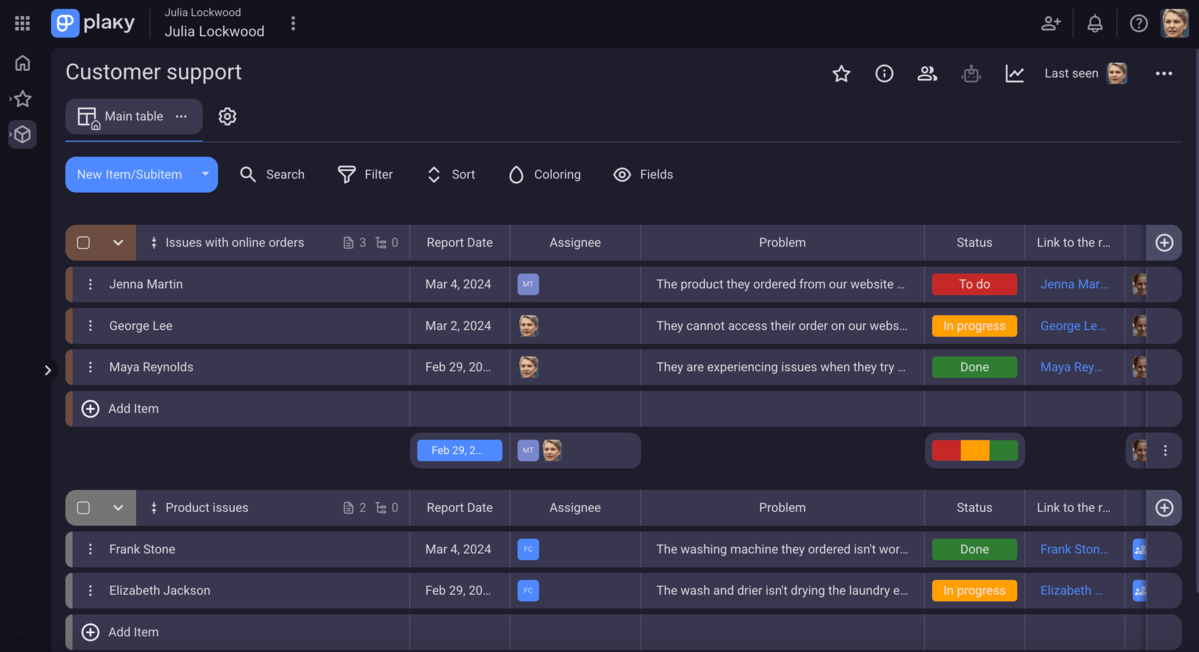 Customer support project board in Plaky project management software