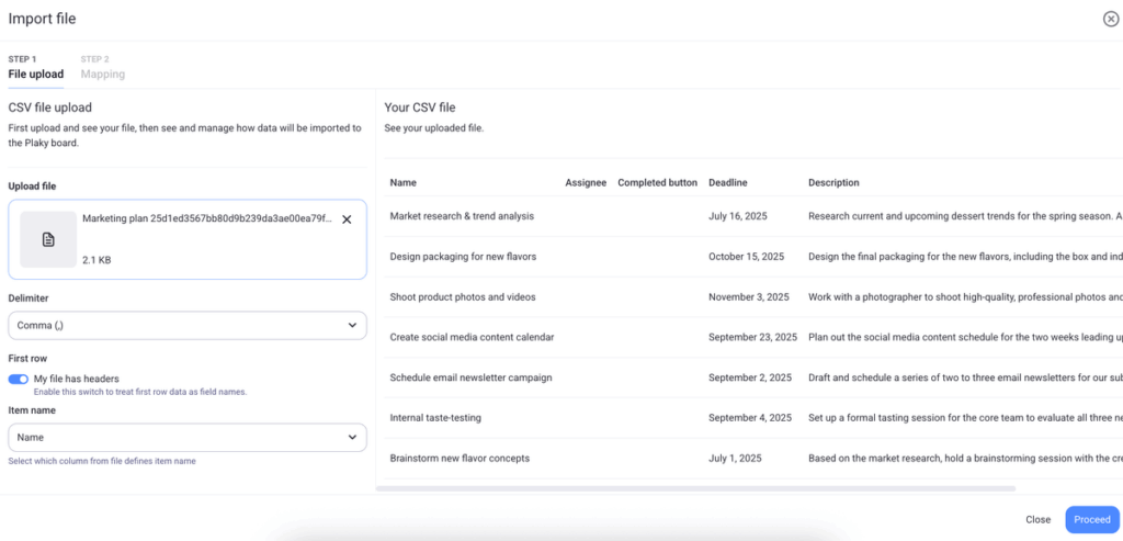 Uploading the CSV file into Plaky