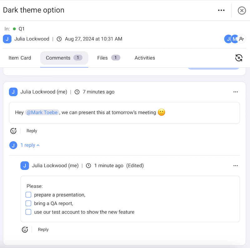 Comments in Plaky project management software