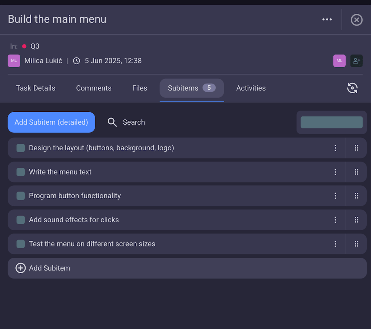 Subitems in Plaky project management software