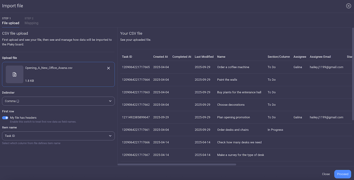 An imported CSV file in Plaky project management software