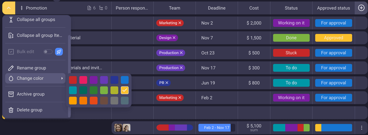 Color-coding groups in Plaky project management software