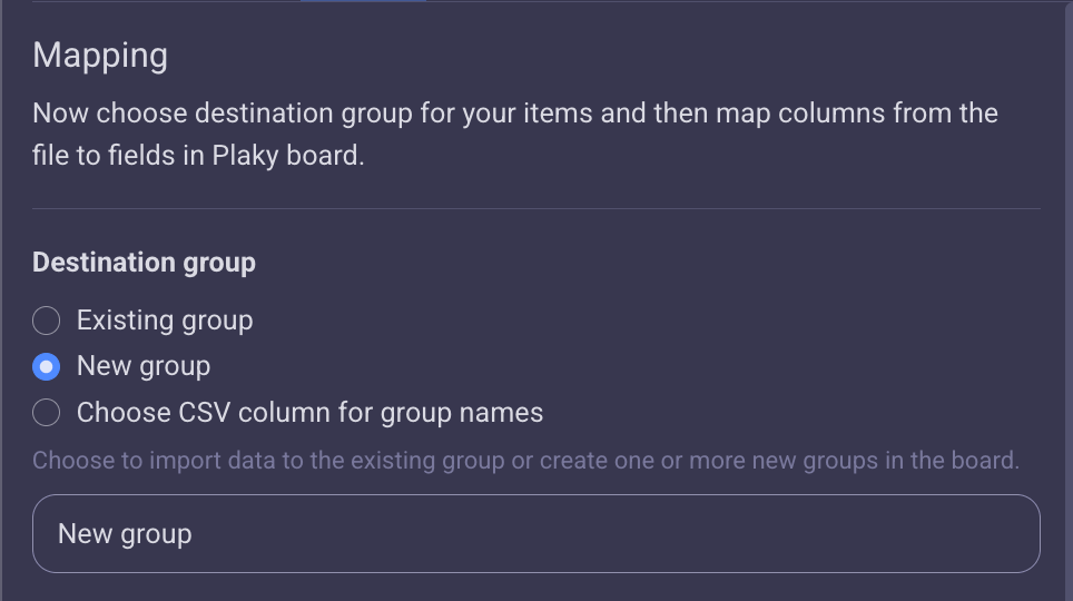 Choose the destination group for your tasks when transferring data into Plaky project management software
