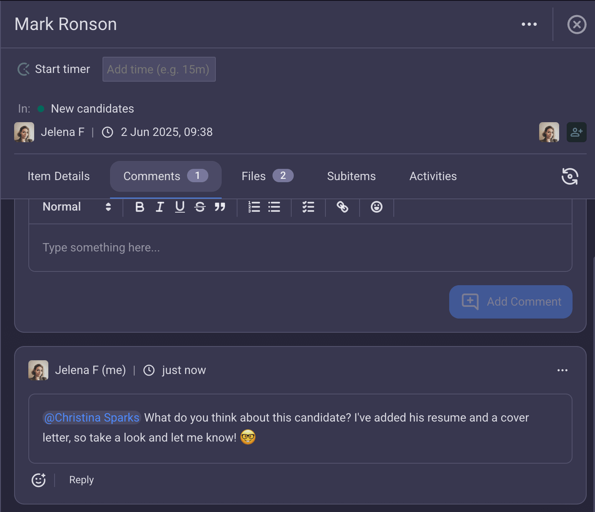 Comments in Plaky project management software