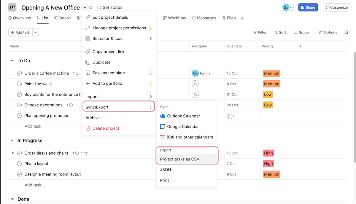 Exporting a project from Asana project management software