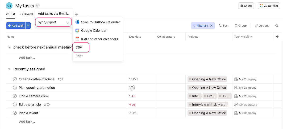 Exporting the My tasks board from Asana project management software