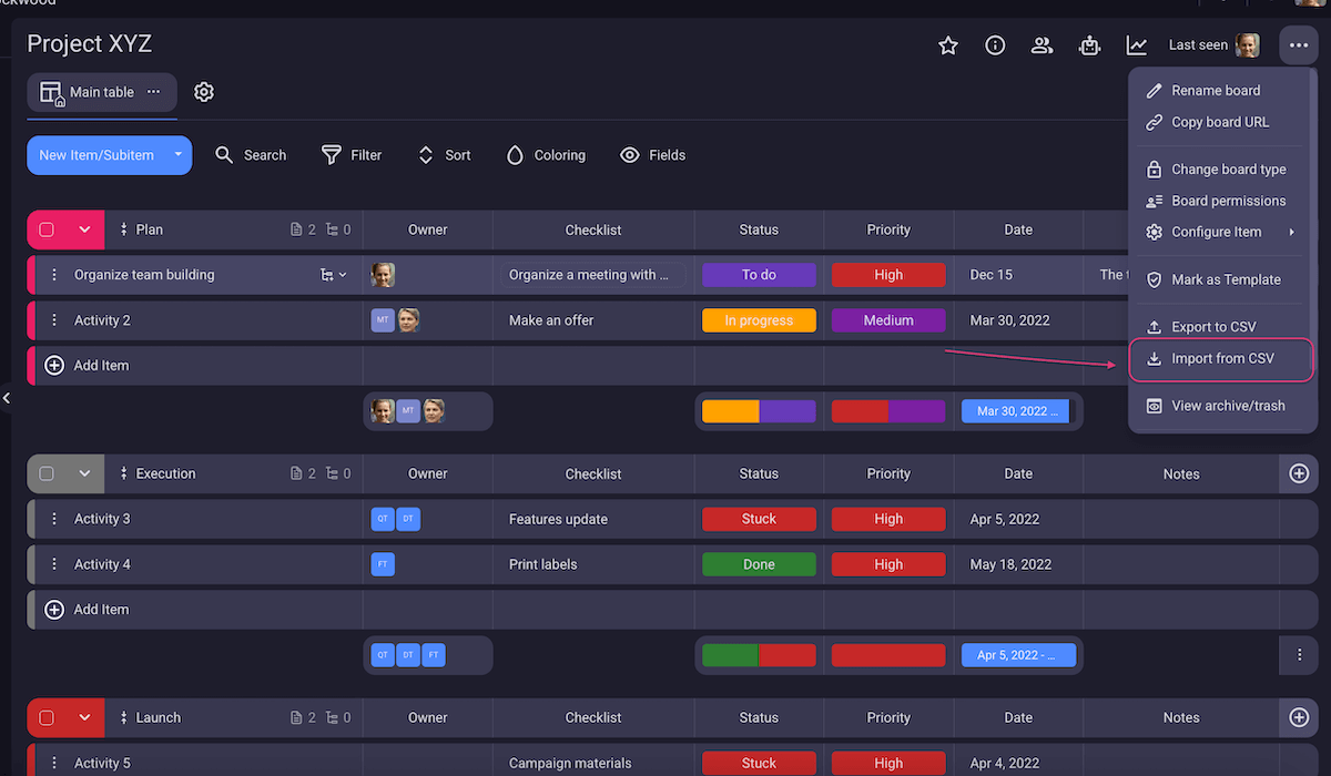 Importing a CSV file into an existing Plaky board
