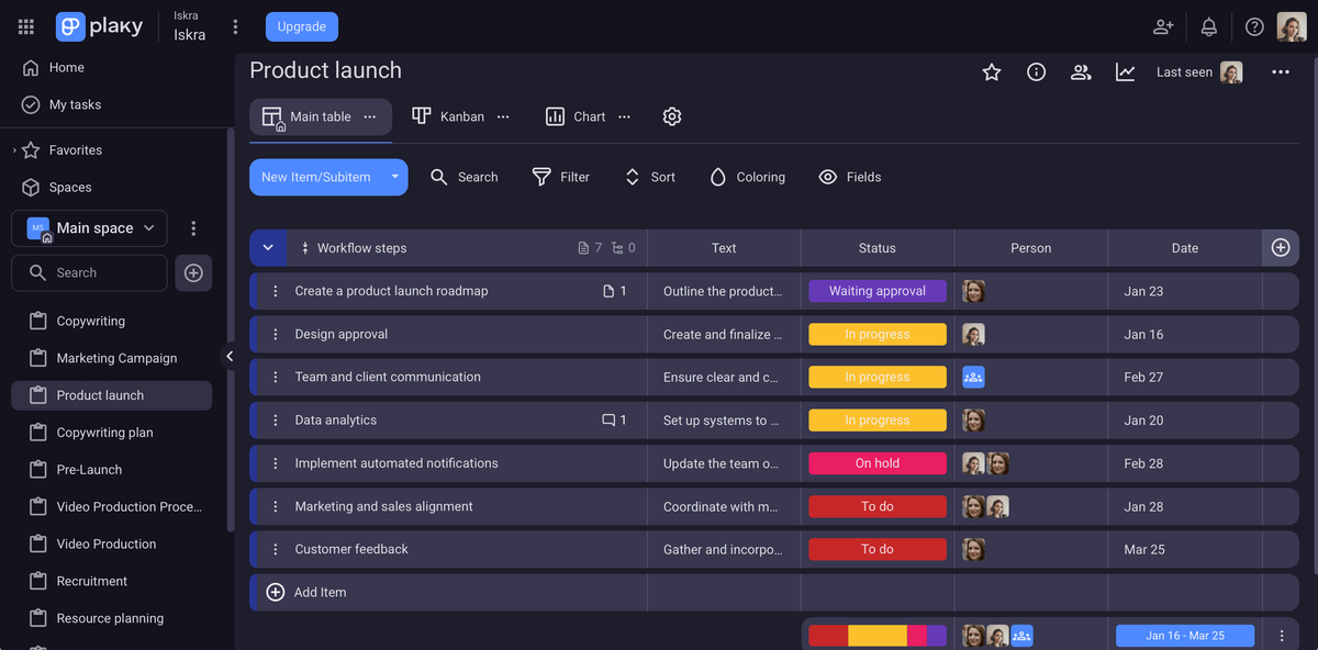 Product launch project board in Plaky project management software
