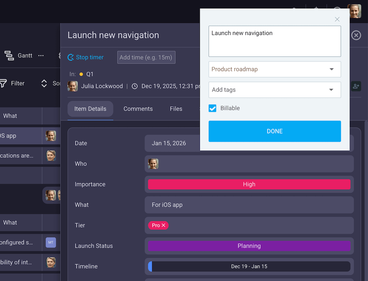 Adding details for your time entry in Plaky
