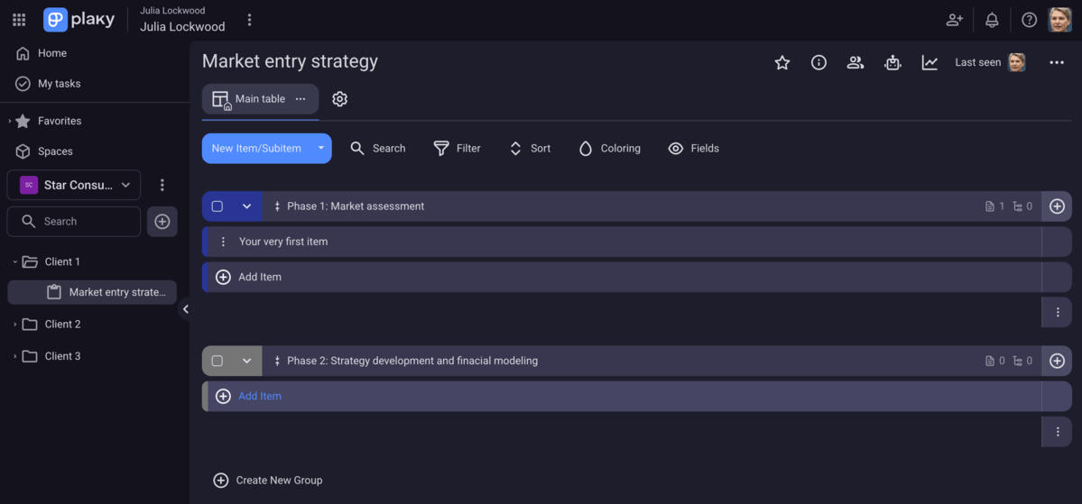 Client folders and a project board in Plaky