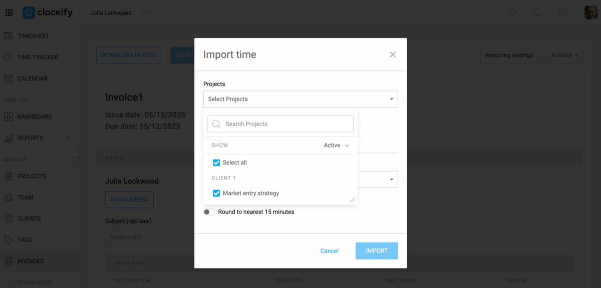 Creating invoices for your Plaky's tasks in Clockify