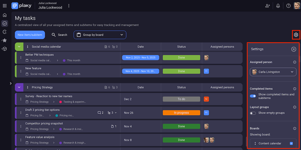 My tasks settings in Plaky