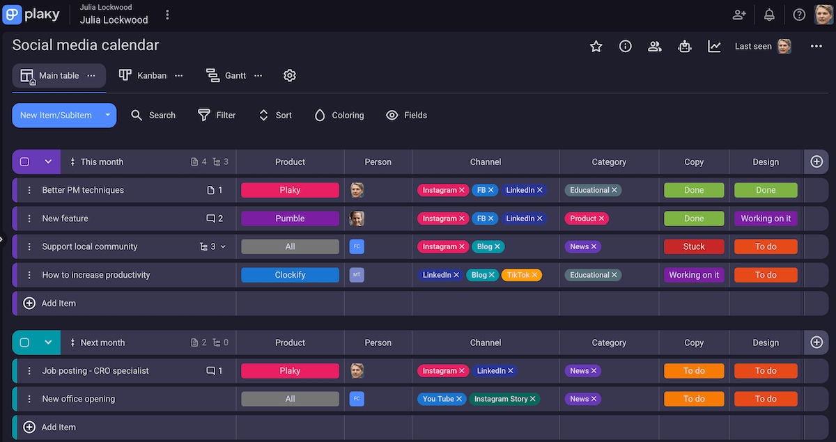 Plaky's social media calendar template