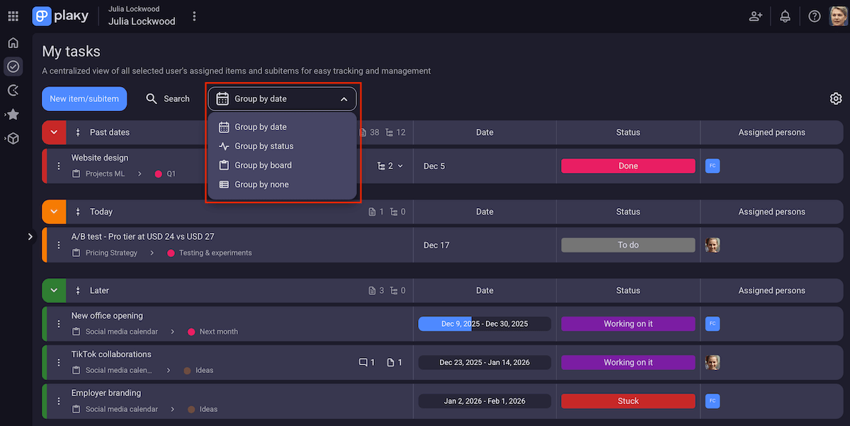 Task grouping in Plaky