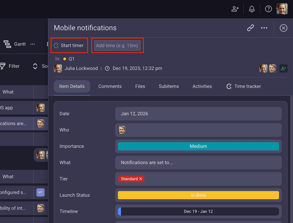 Tracking time on your Items in Plaky