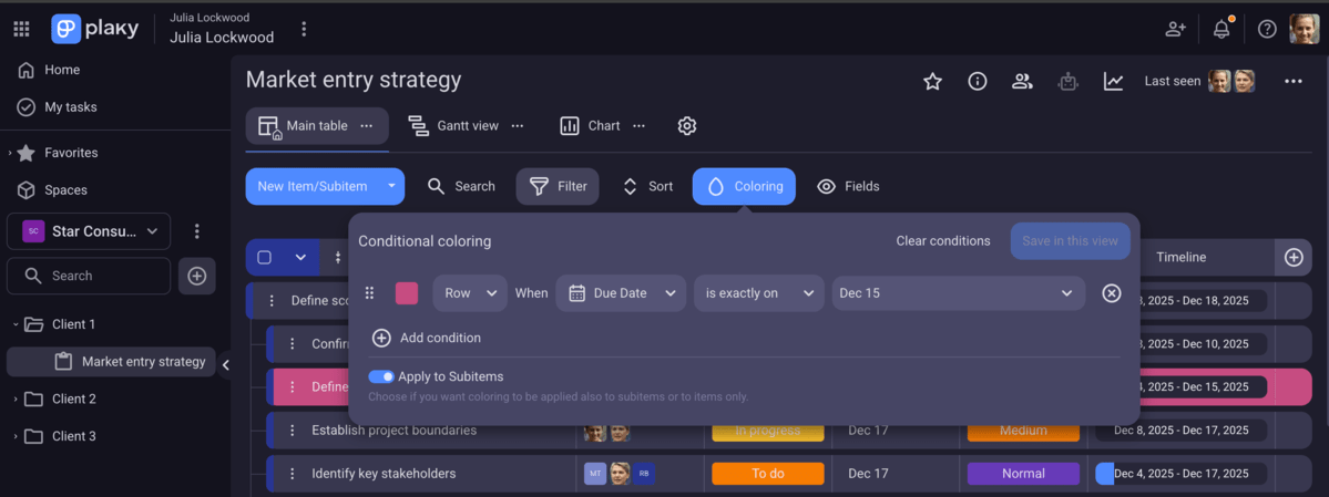 Conditional coloring in Plaky