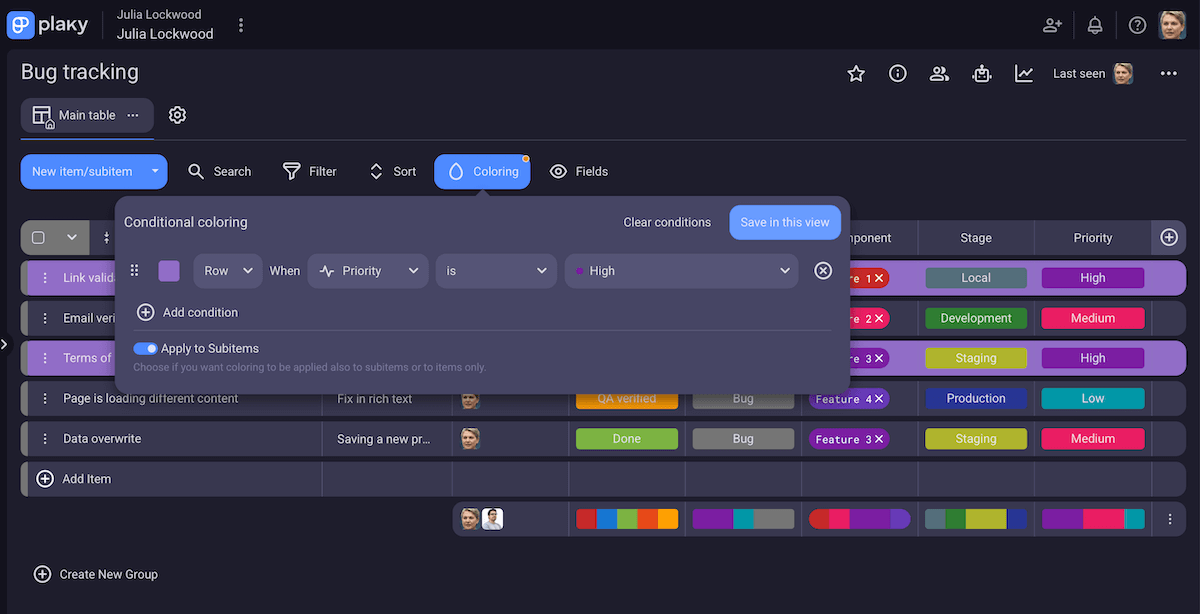 Conditional coloring in Plaky