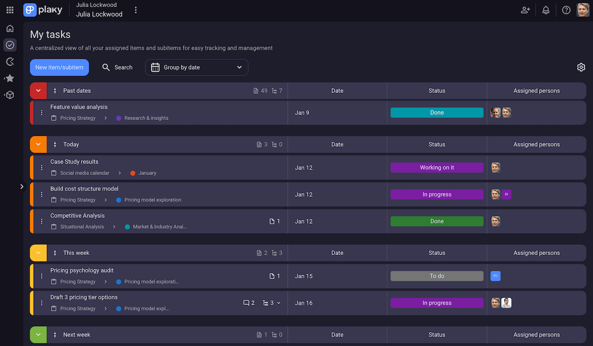 My tasks page in Plaky