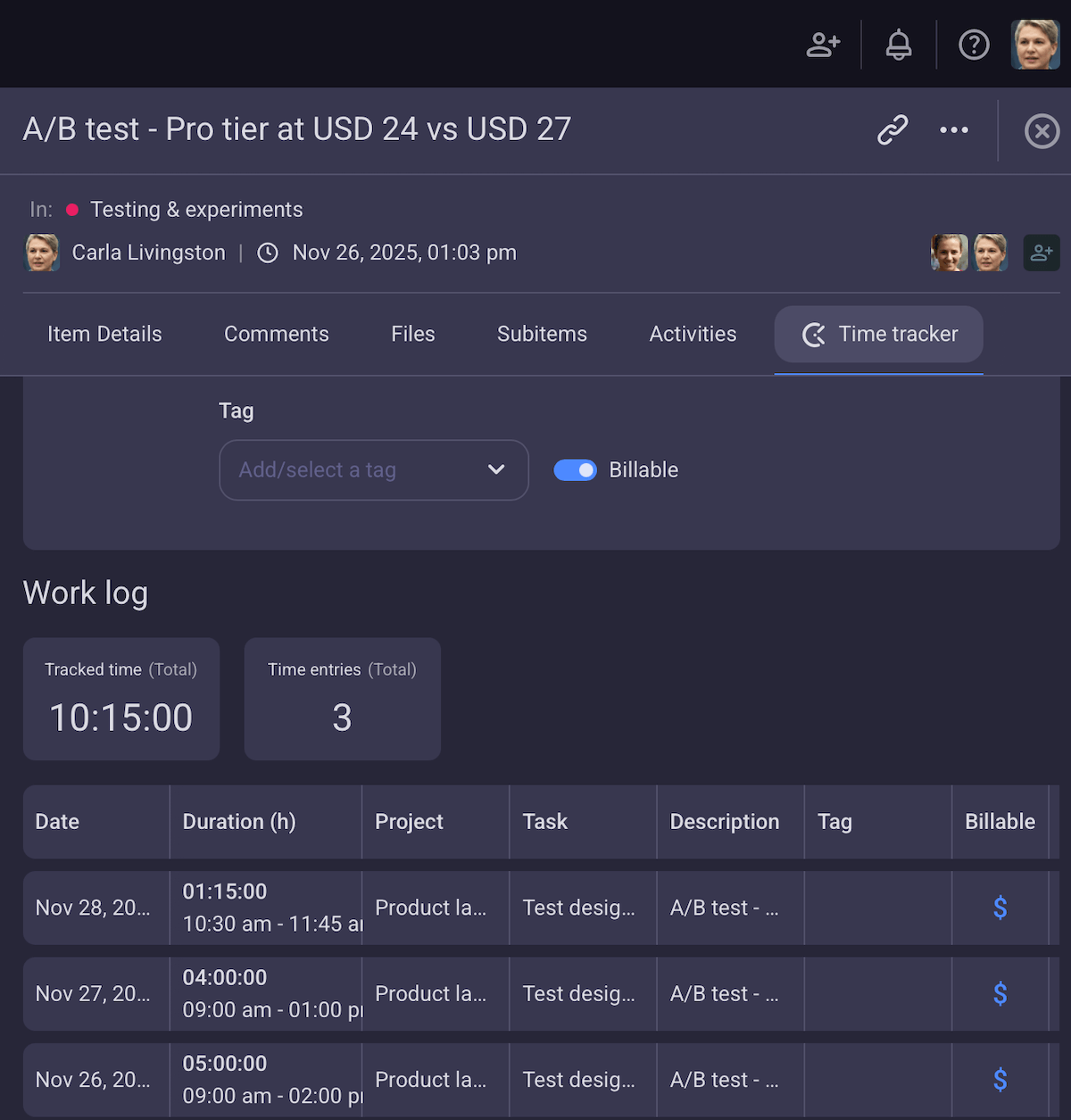 Keeping up with total time tracked in Plaky