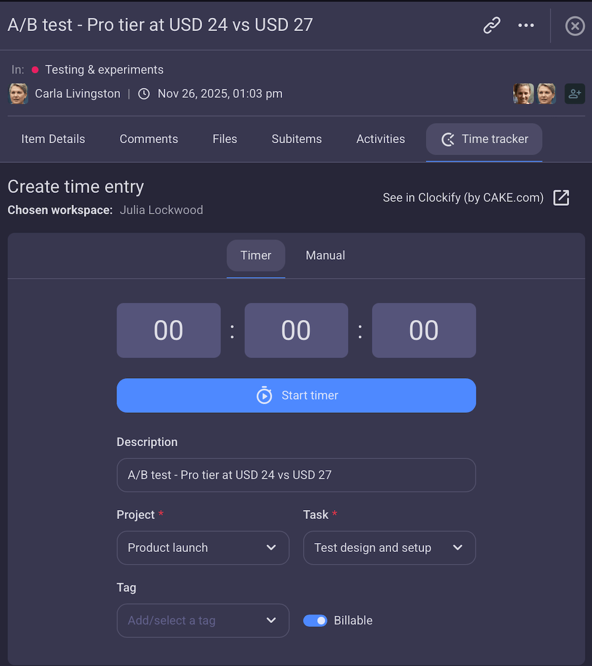 Time tracking in Plaky