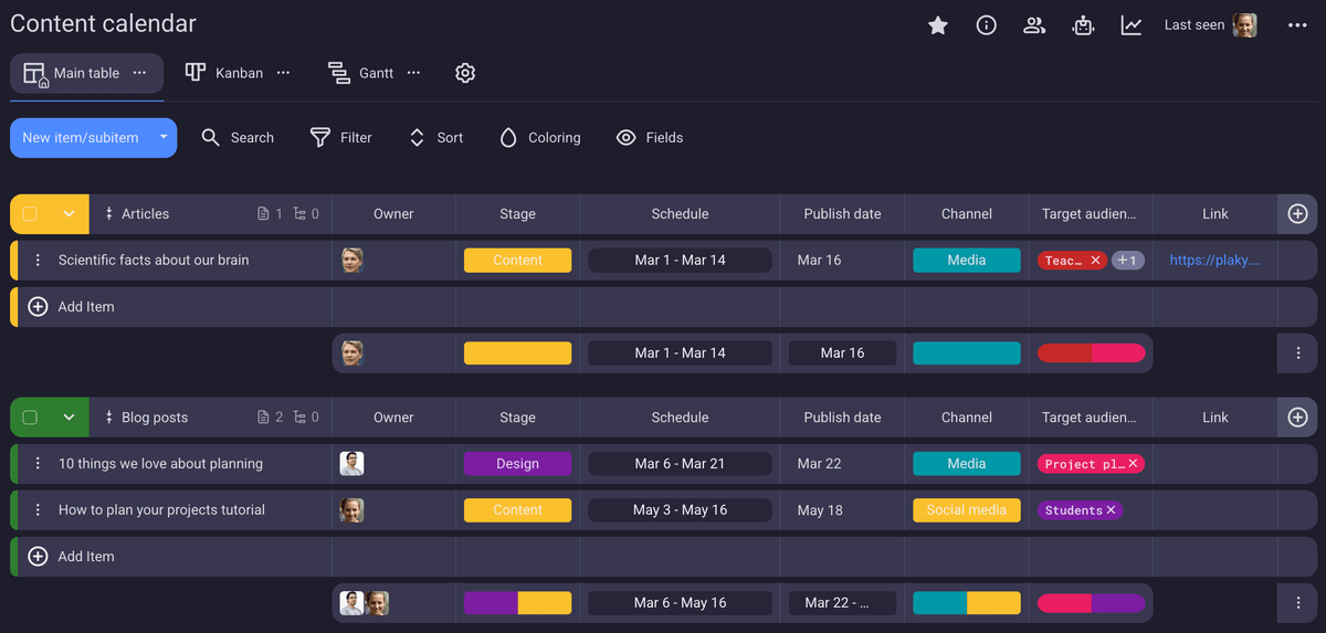 Plaky's content calendar template