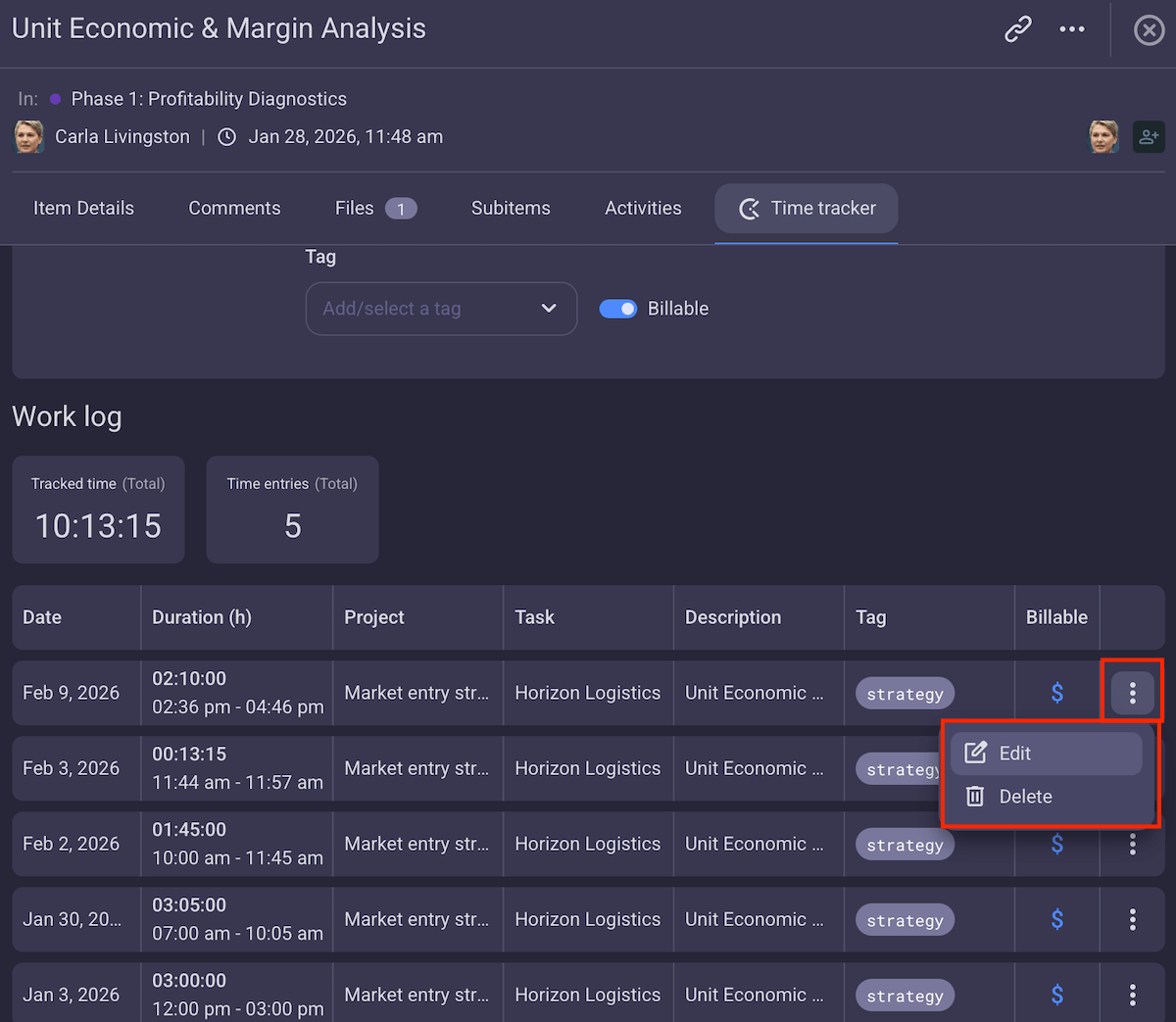 Adjusting time entries in Plaky