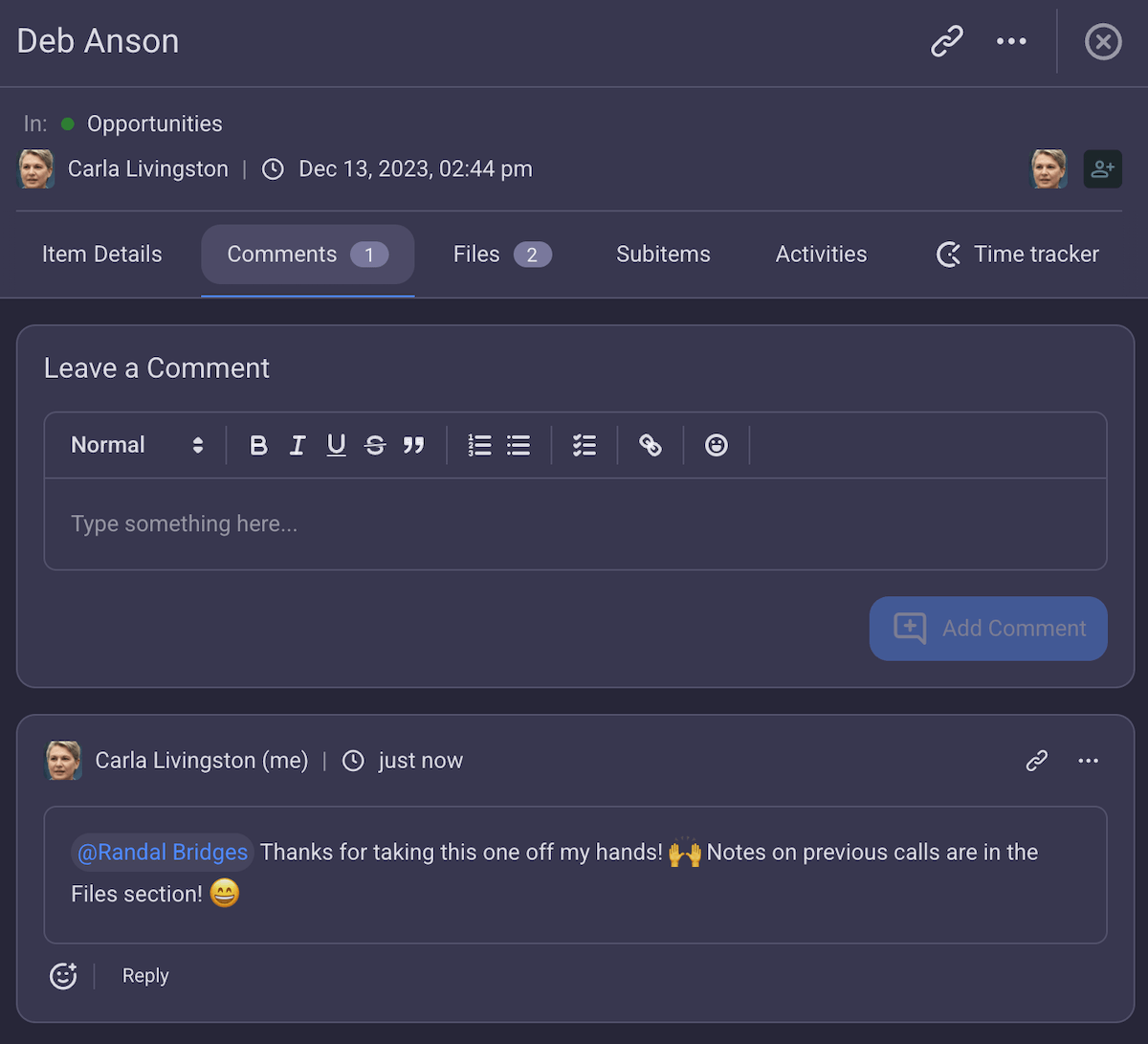 Communicating in Plaky via Comments section