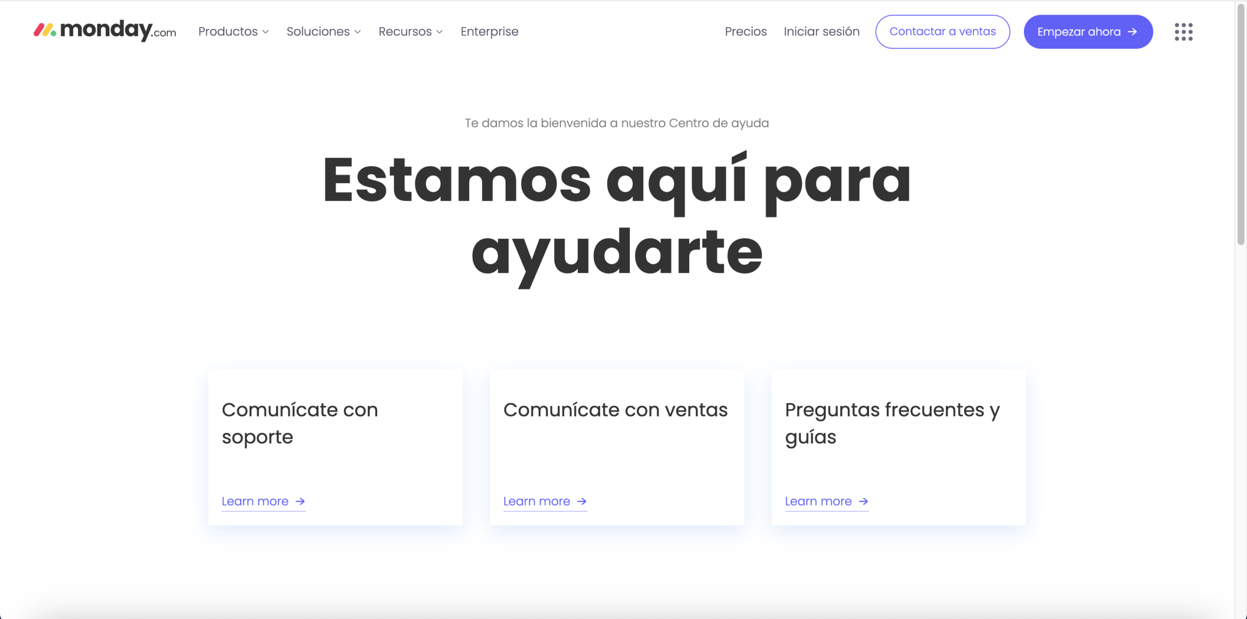 Formas de obtener ayuda de monday.com (fuente: monday.com)