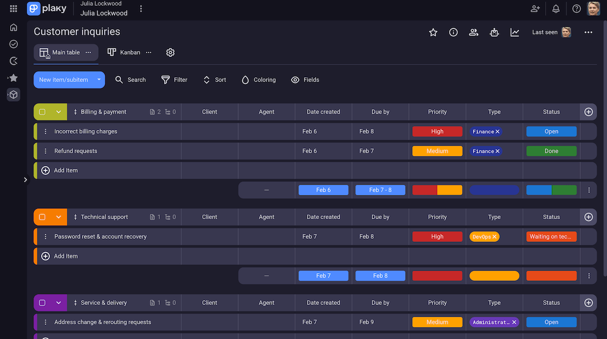 Plaky's customer inquiries template