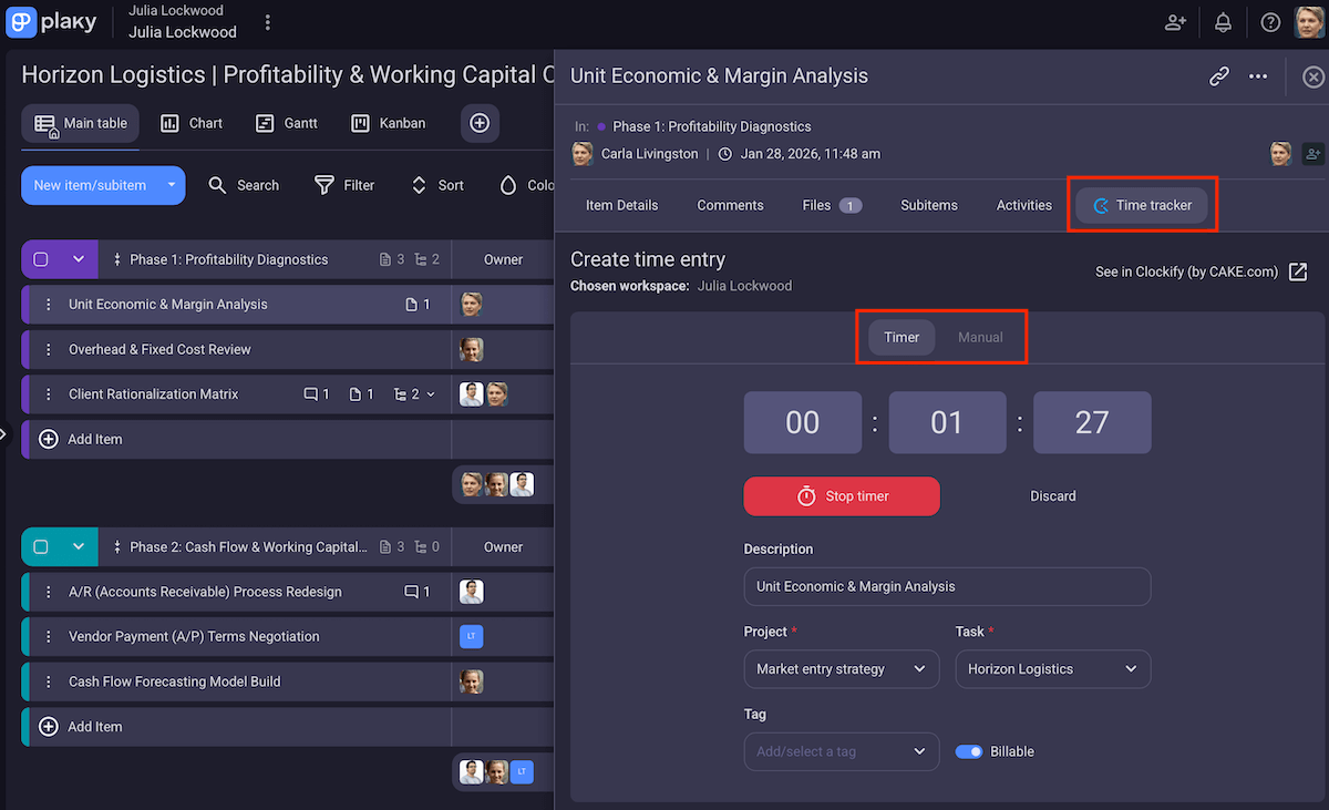 Tracking time directly in Plaky