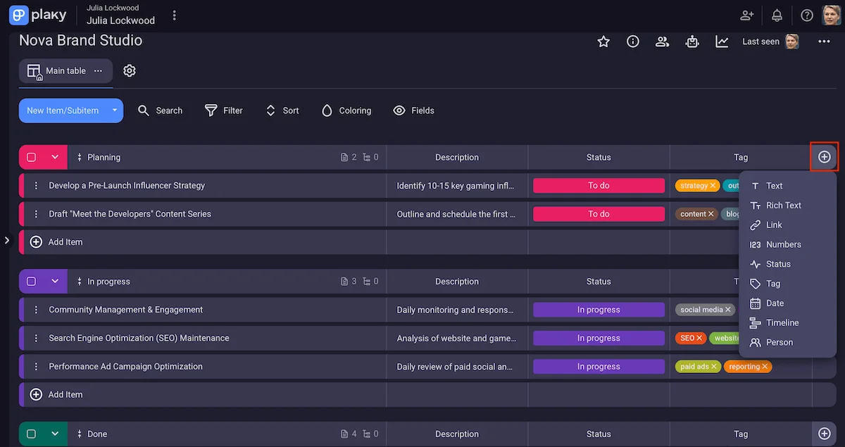 Customizing field types in Plaky