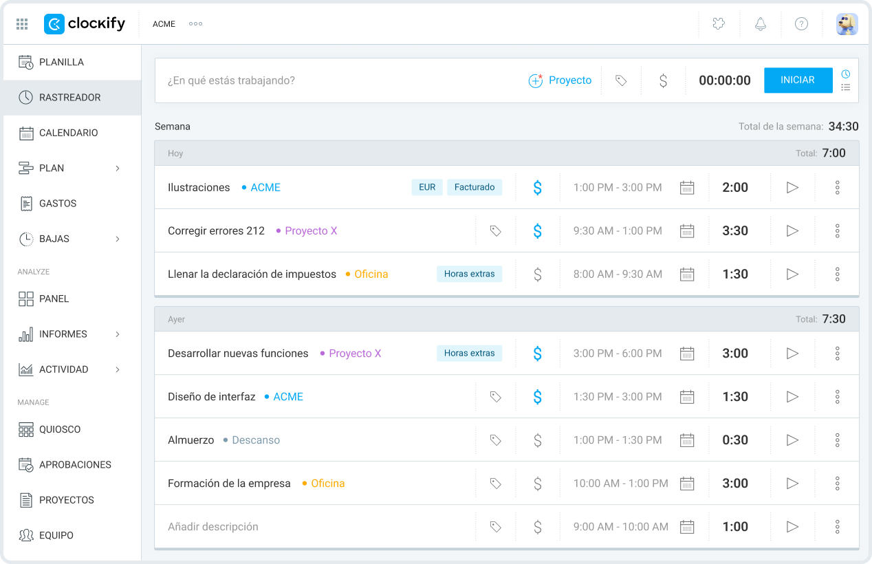 La interfaz de Clockify es simple e intuitiva