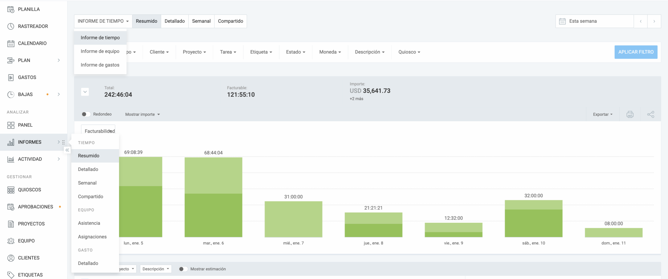 Crea informes de tiempo, equipo o gasto en un par de clics