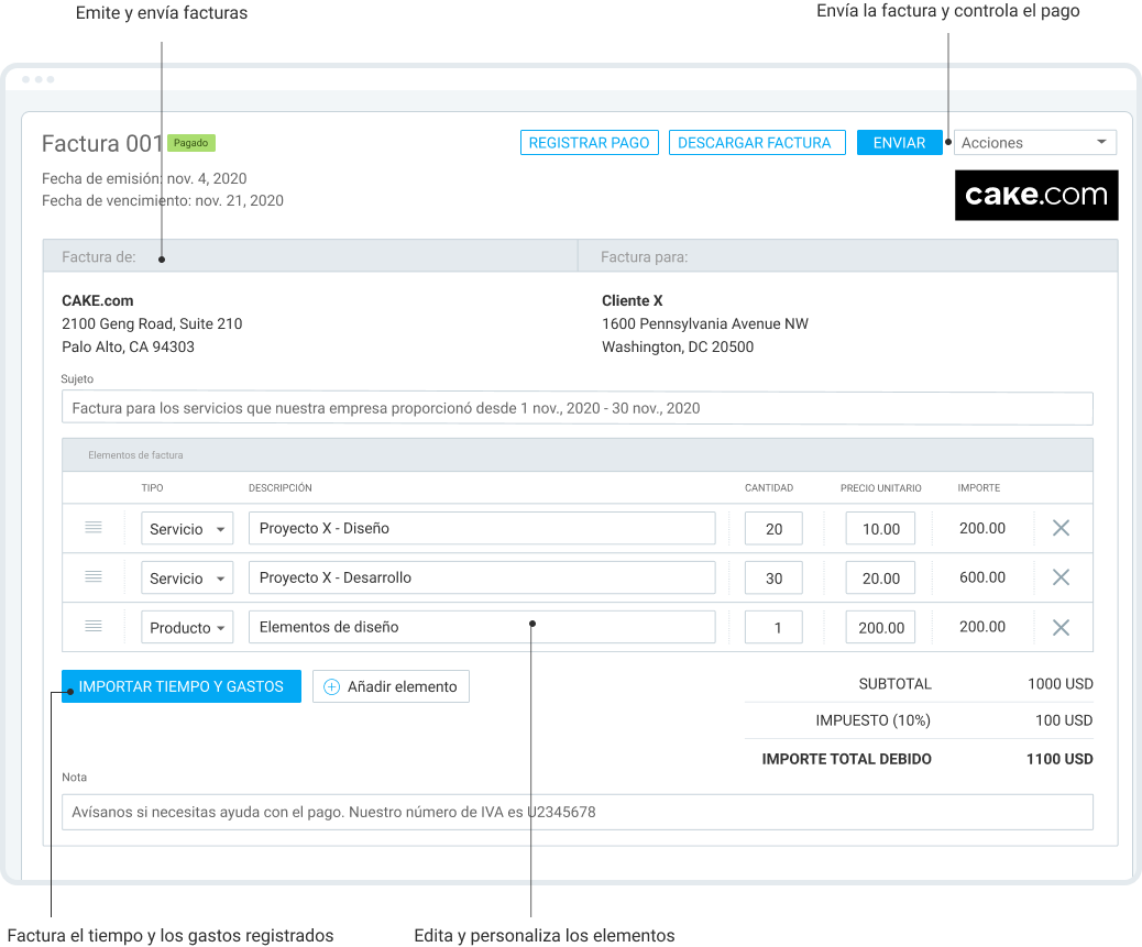 Crea facturas detalladas y personalizables por el tiempo que has registrado en Clockify