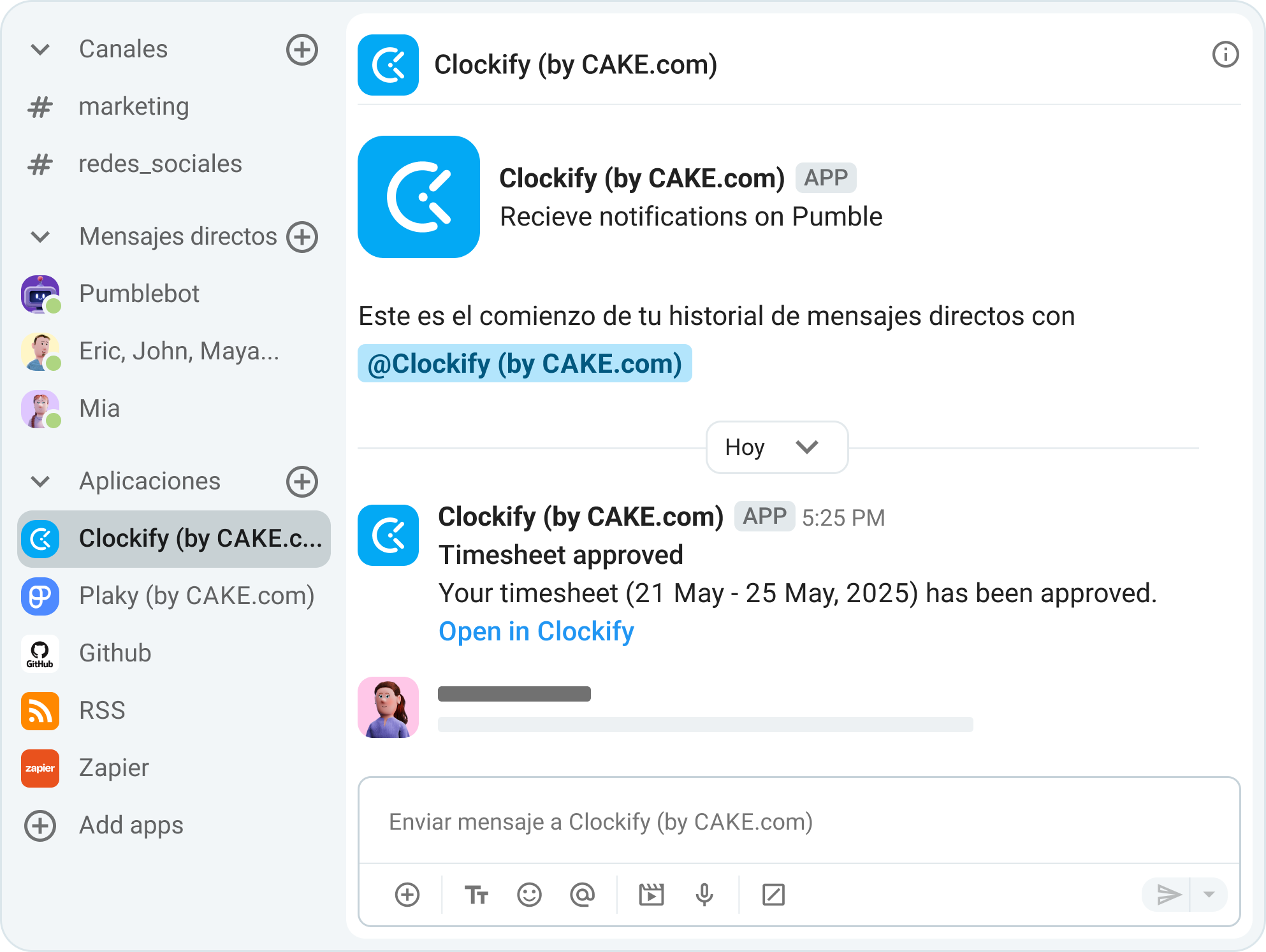 No te pierdas nunca más notificación de Clockify gracias a la integración de Clockify con Pumble