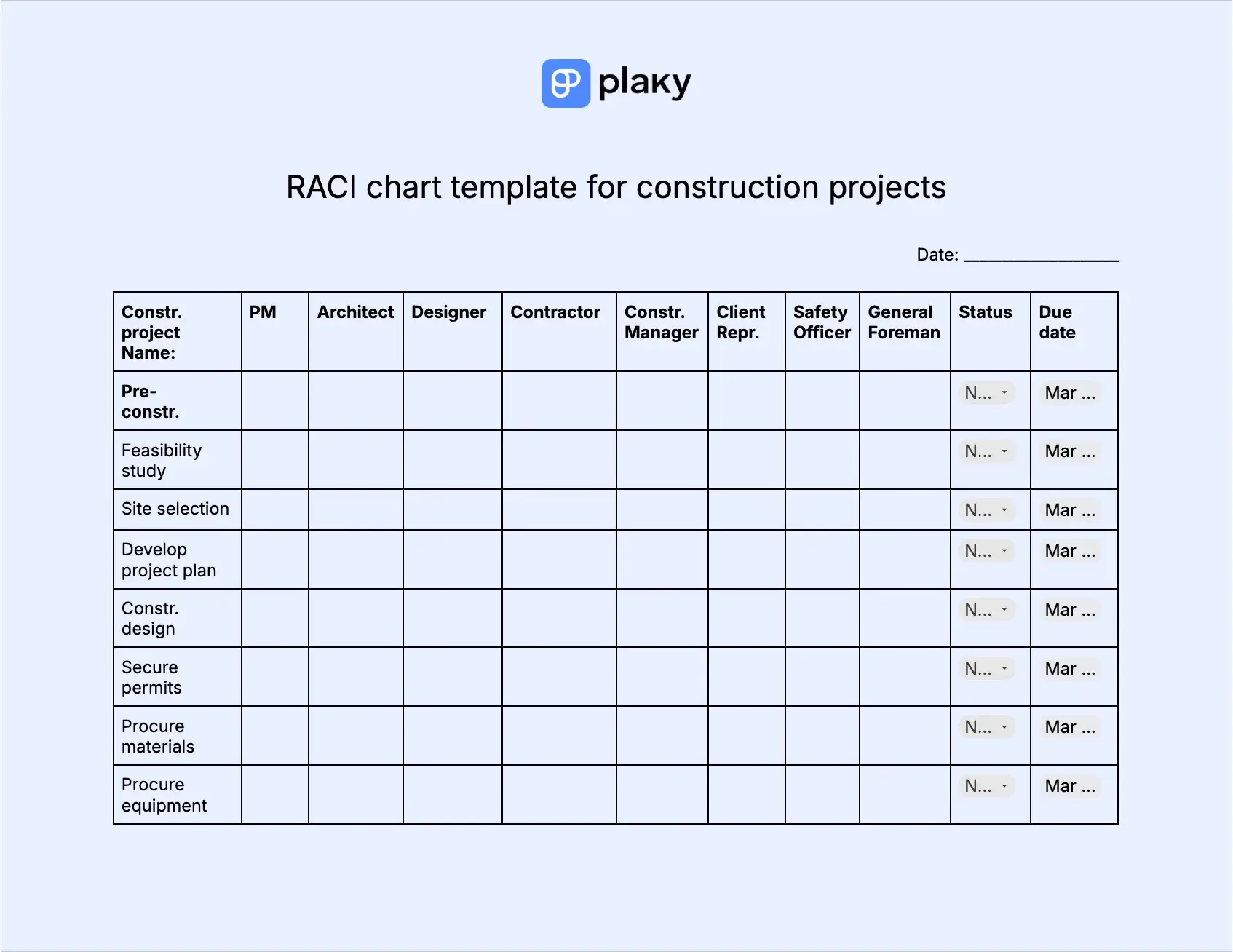 RACI chart template for construction projects