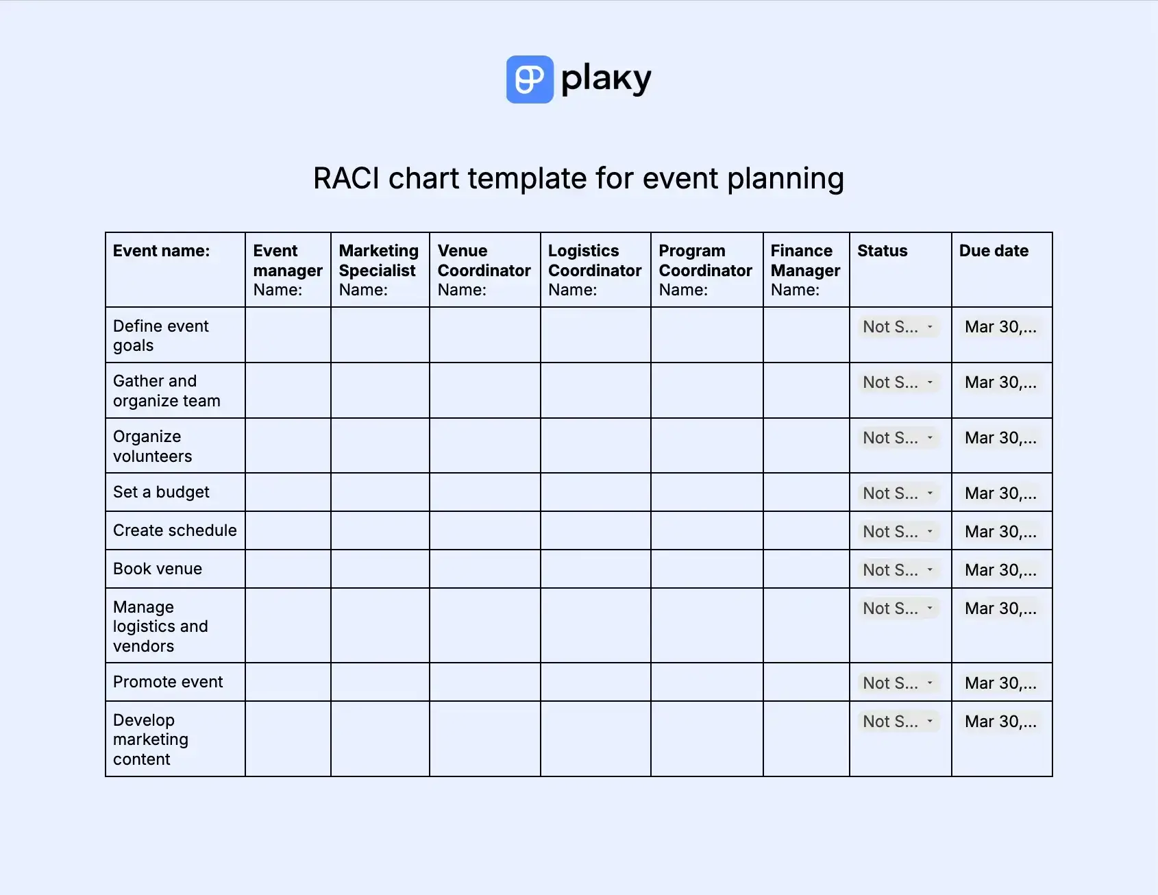 RACI chart template for event planning