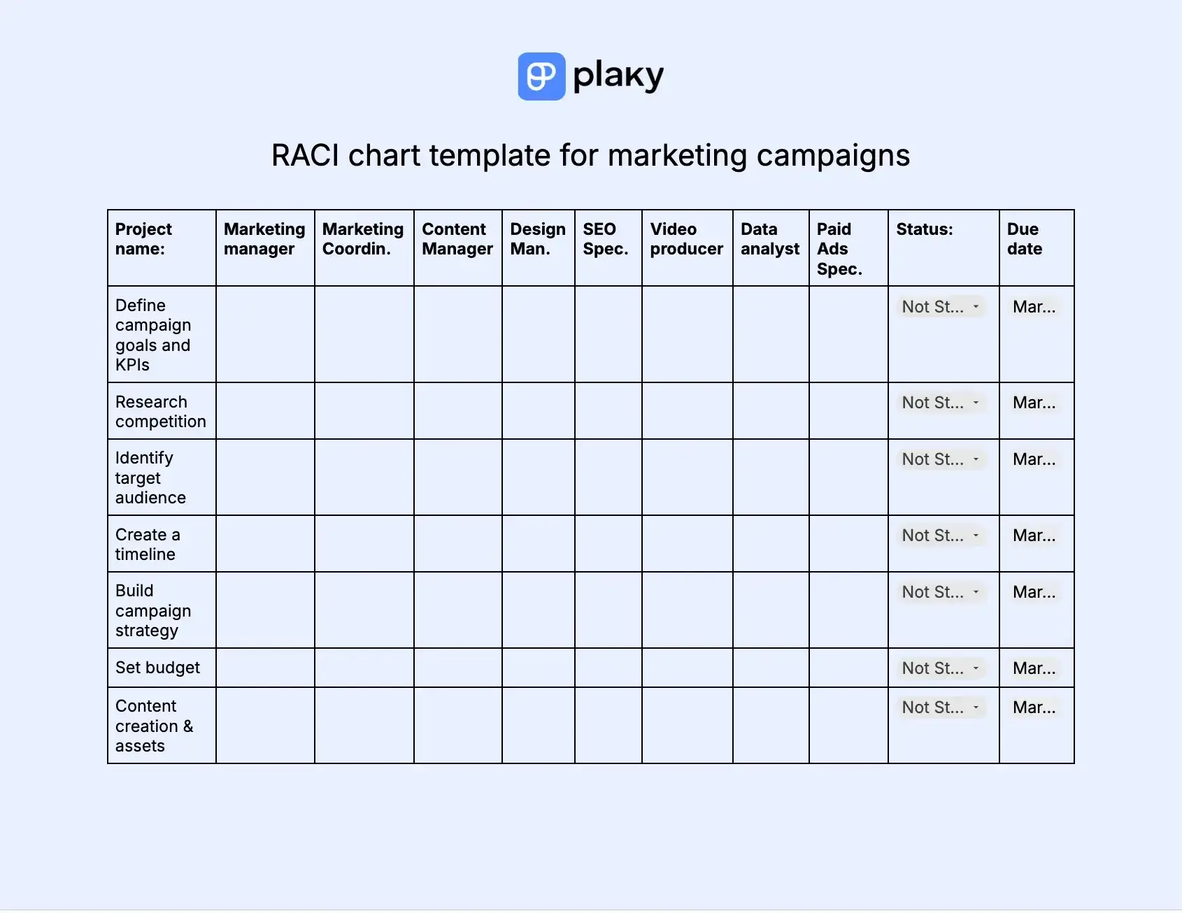 RACI chart template for a marketing campaign