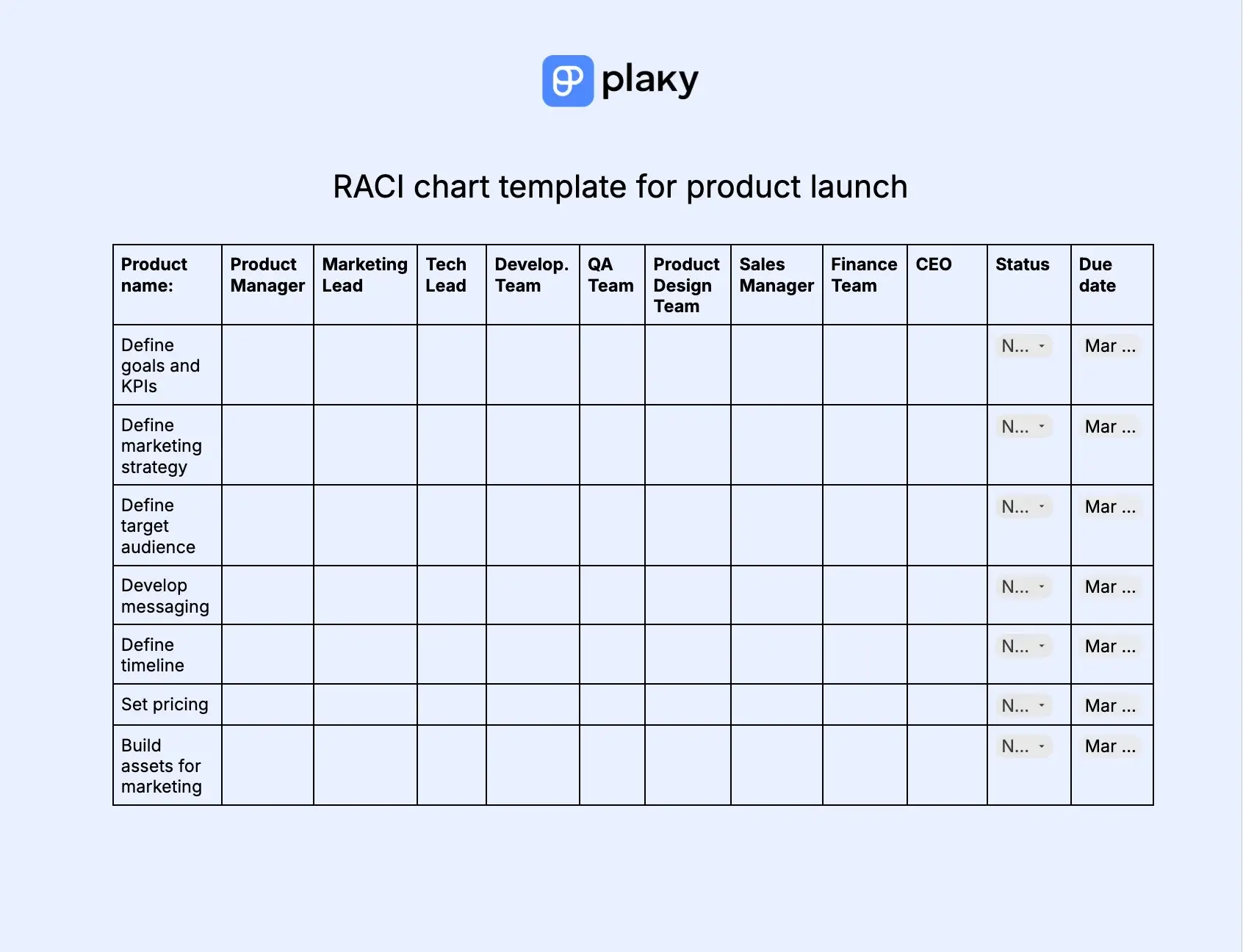 RACI chart template for product launch
