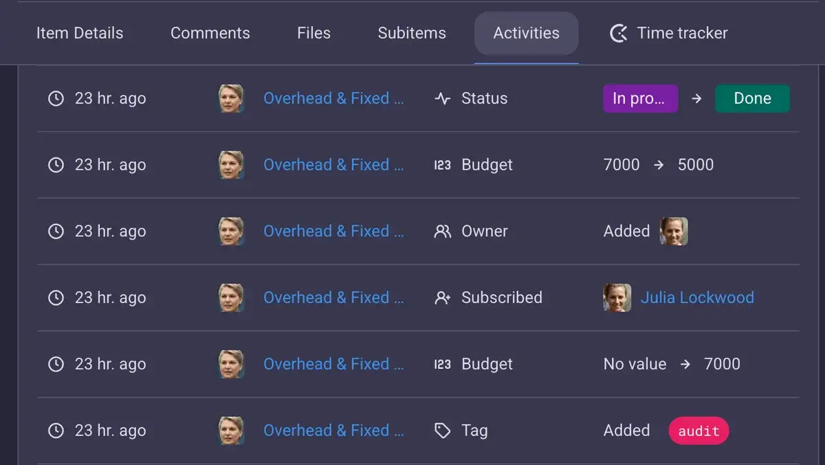 Activity log in Plaky
