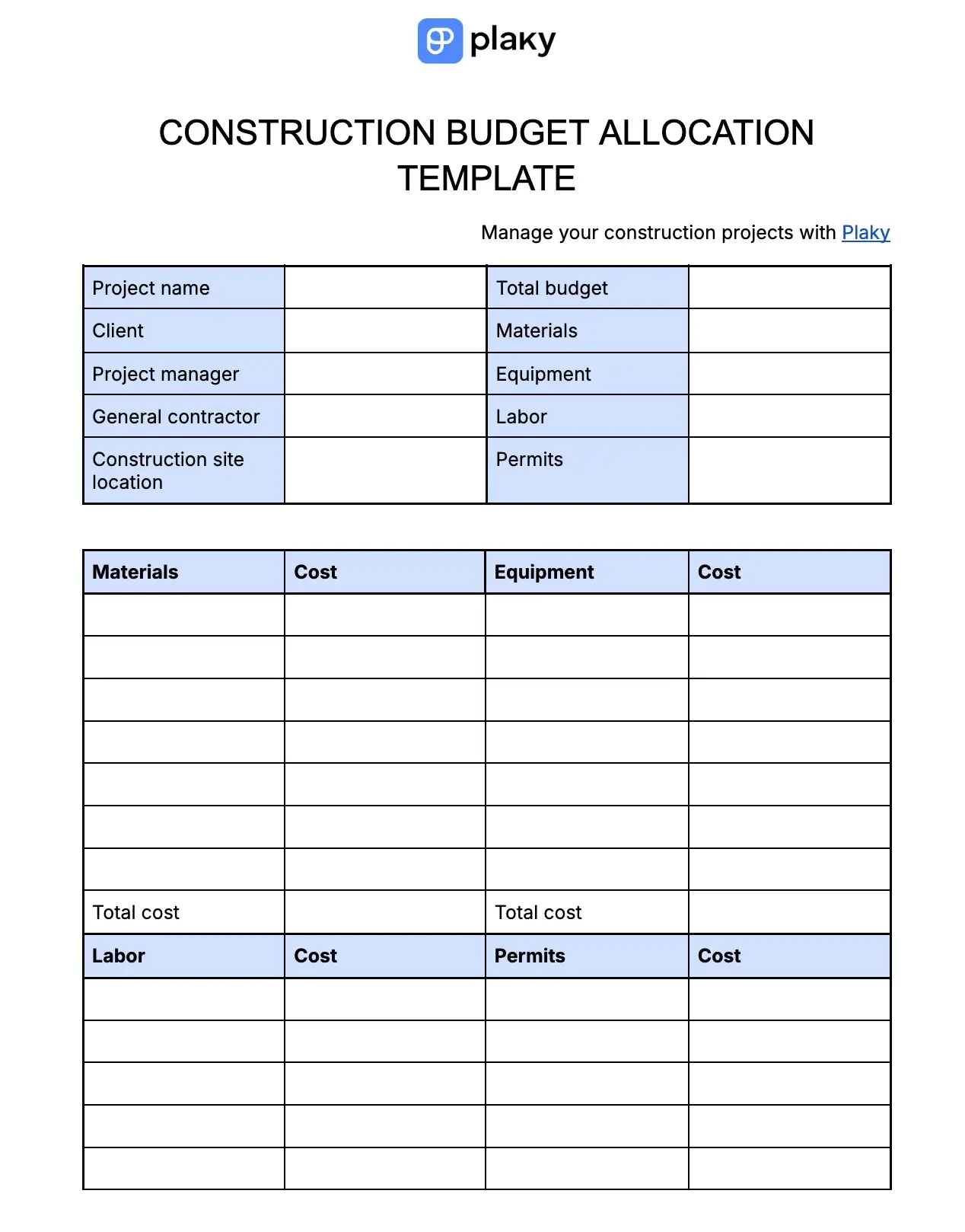 Plaky's Construction budget allocation template
