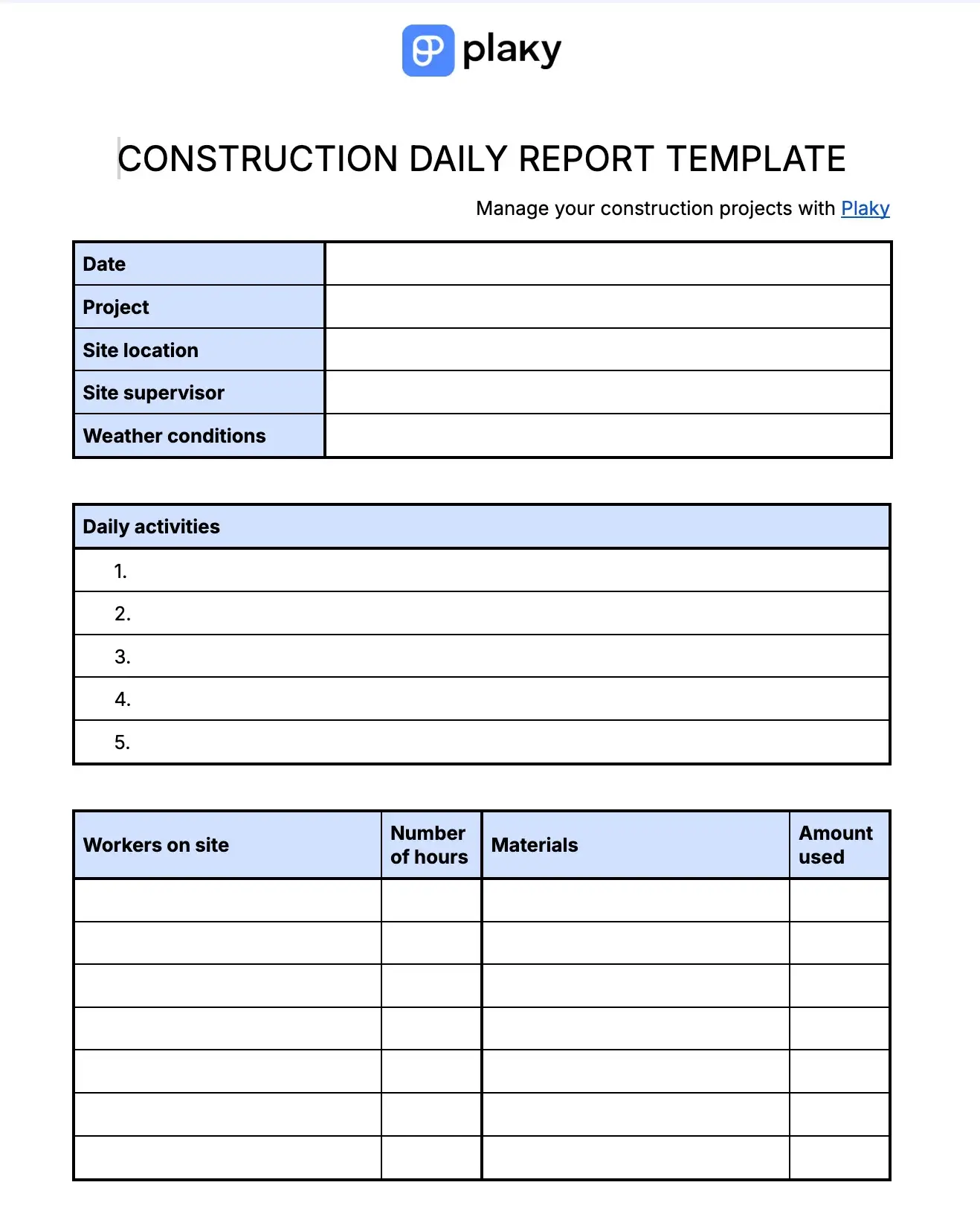Plaky's Construction daily report template