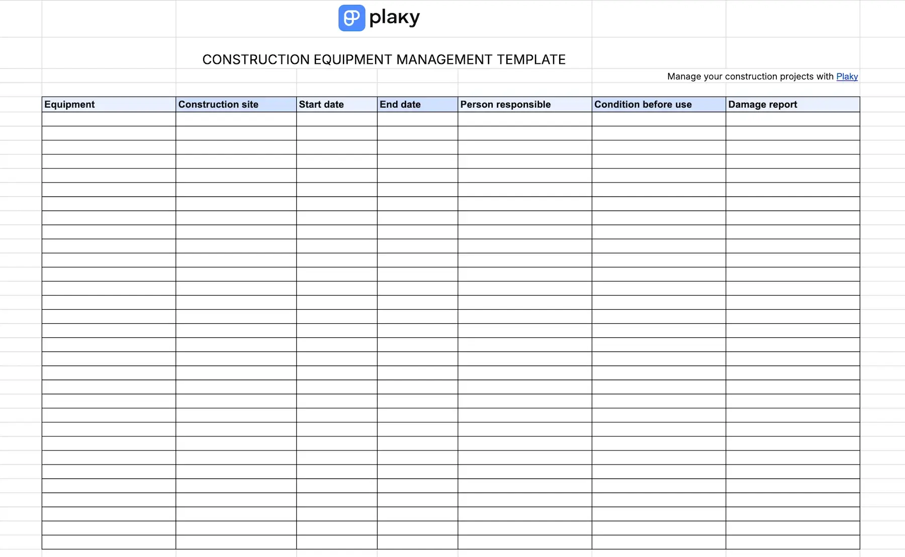 Plaky's Construction equipment management template