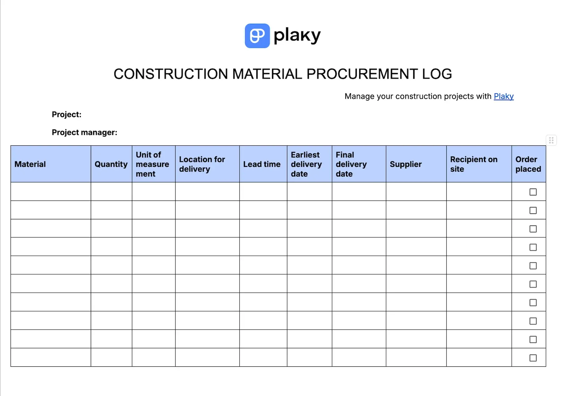 Plaky's Construction material procurement log template