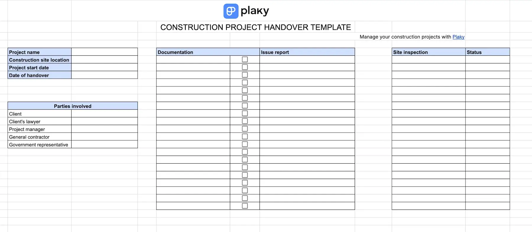 Plaky's Construction project handover template