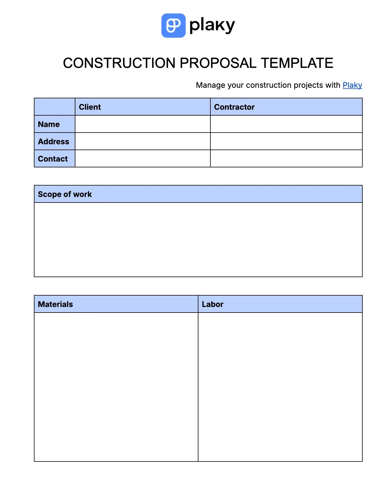Plaky's Construction proposal template
